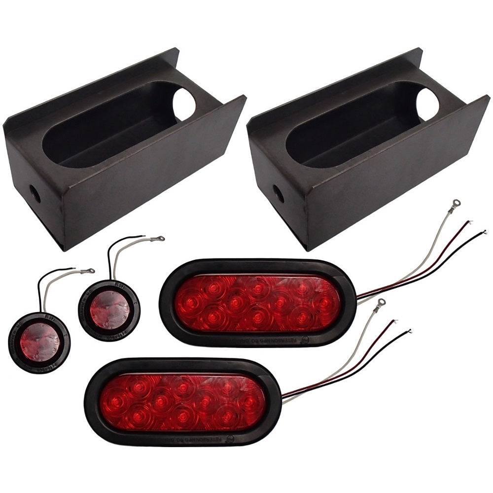 Two (2) 2" Red Round & 6" Red Oval Tail Light Steel Box Set